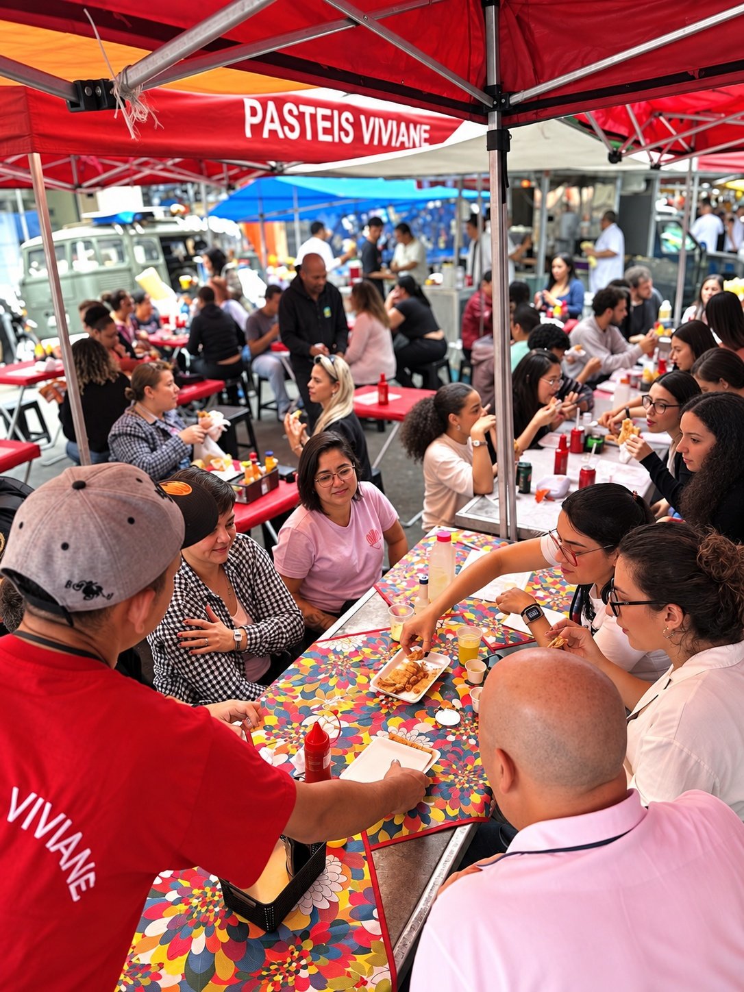 Feira movimentada com clientes da Pastéis Viviane